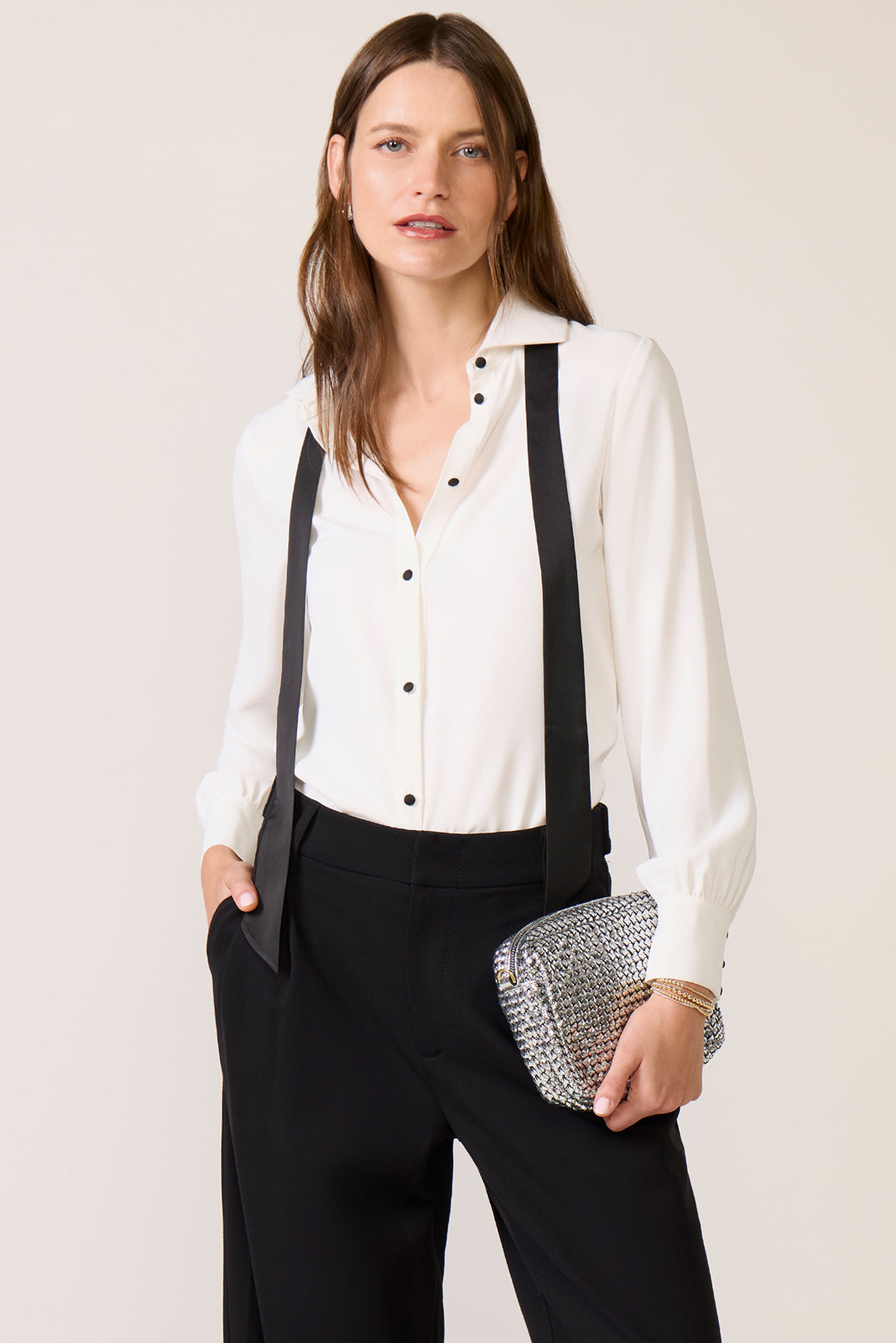 Quinn Crepe Satin Bow Shirt