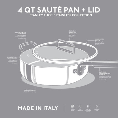 Stanley Tucci™ Uncoated Stainless Steel 4-Quart Sauté Pan with Lid