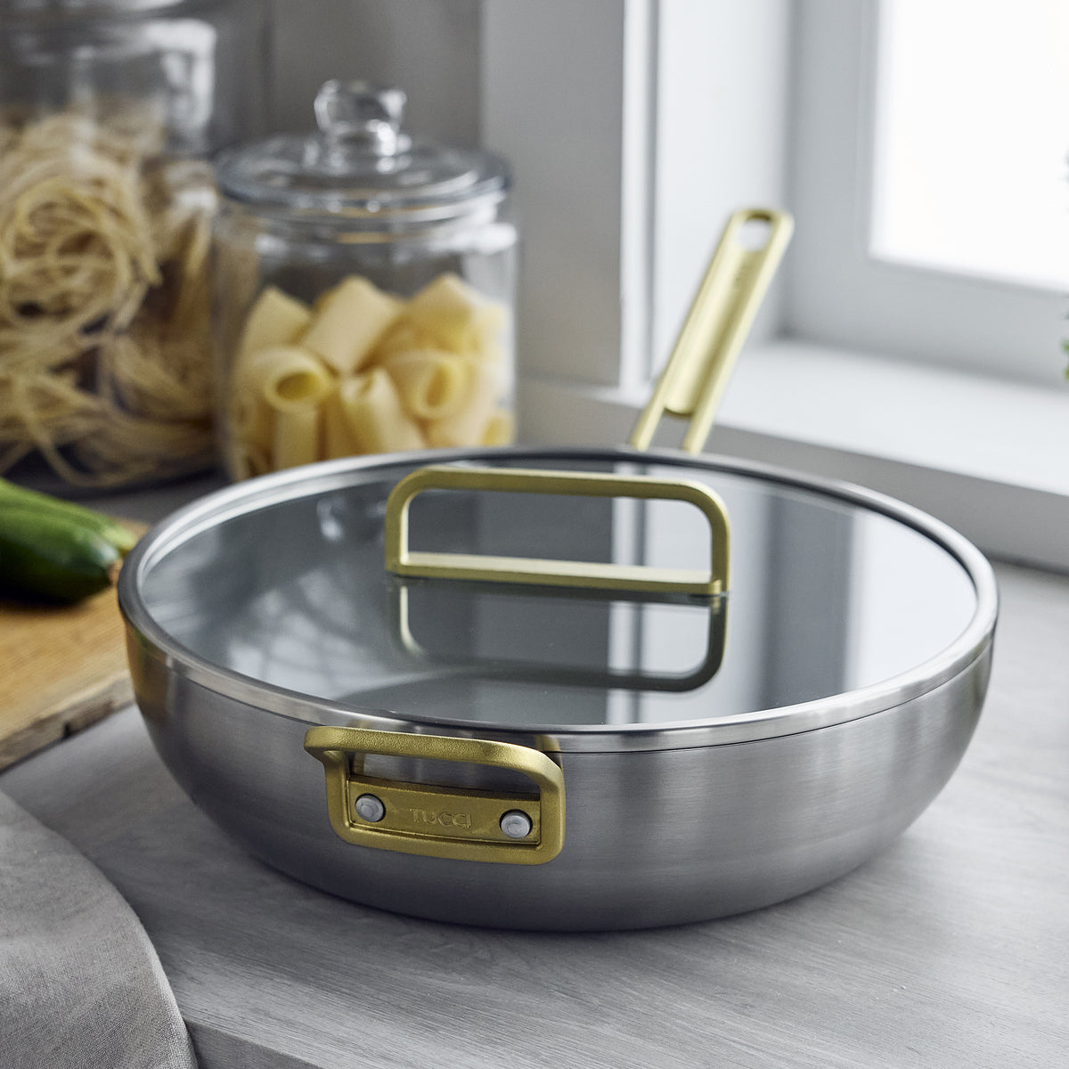Stanley Tucci™ Stainless Steel Ceramic Nonstick 6.5-Quart Essential Stanley Pan with Lid | Champagne Handle