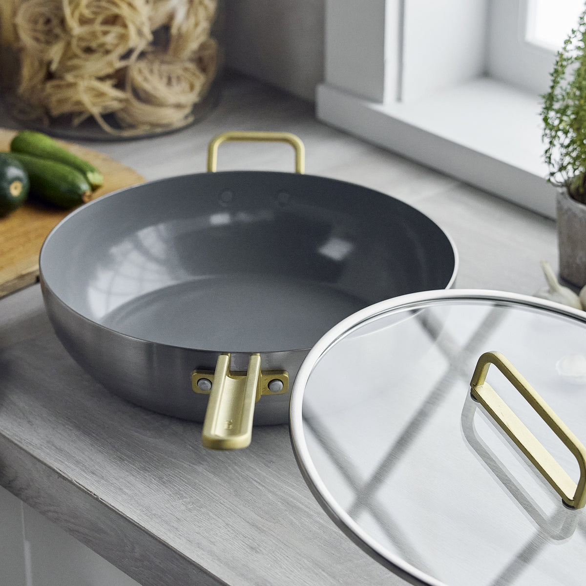 Stanley Tucci™ Stainless Steel Ceramic Nonstick 6.5-Quart Essential Stanley Pan with Lid | Champagne Handle