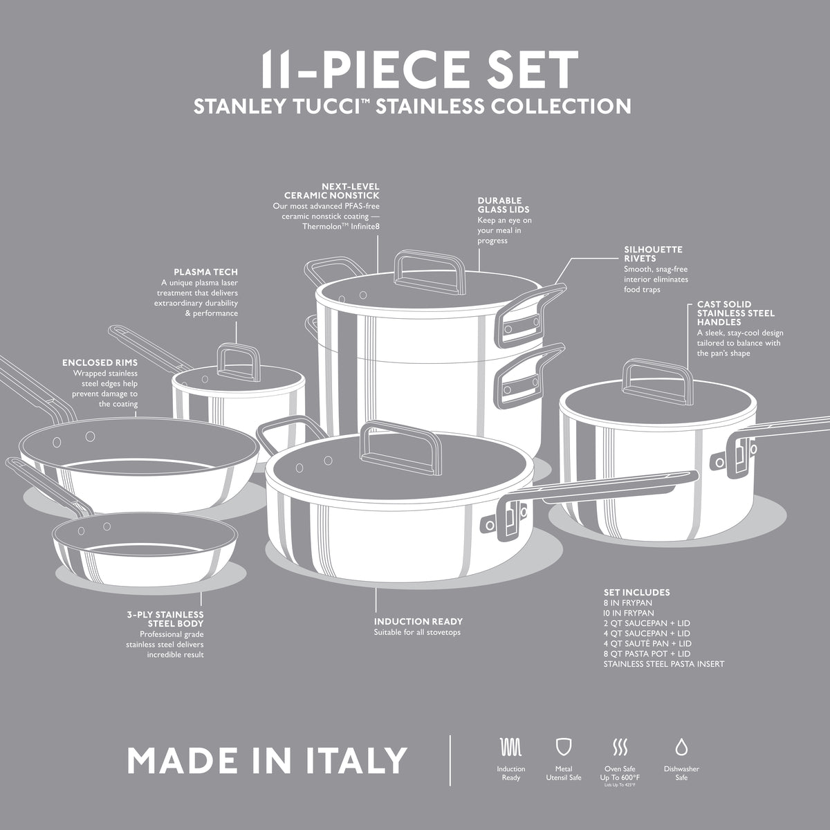 Stanley Tucci™ Stainless Steel Ceramic Nonstick 11-Piece Cookware Set | Champagne Handles