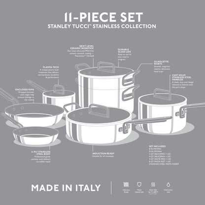 Stanley Tucci™ Stainless Steel Ceramic Nonstick 11-Piece Cookware Set | Champagne Handles