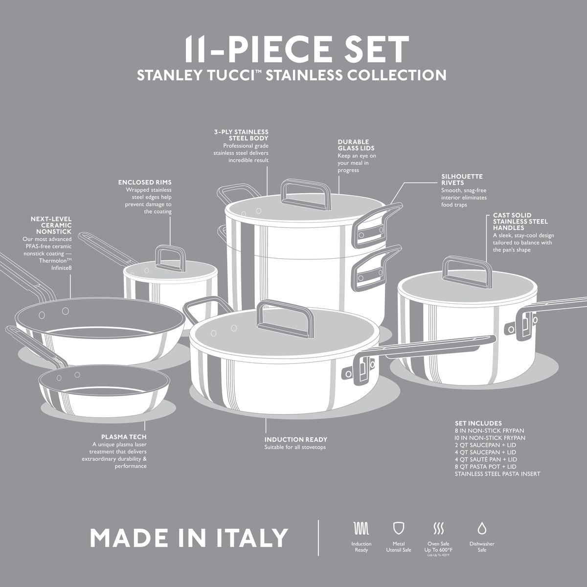 Stanley Tucci™ Mixed Material Stainless Steel 11-Piece Cookware Set