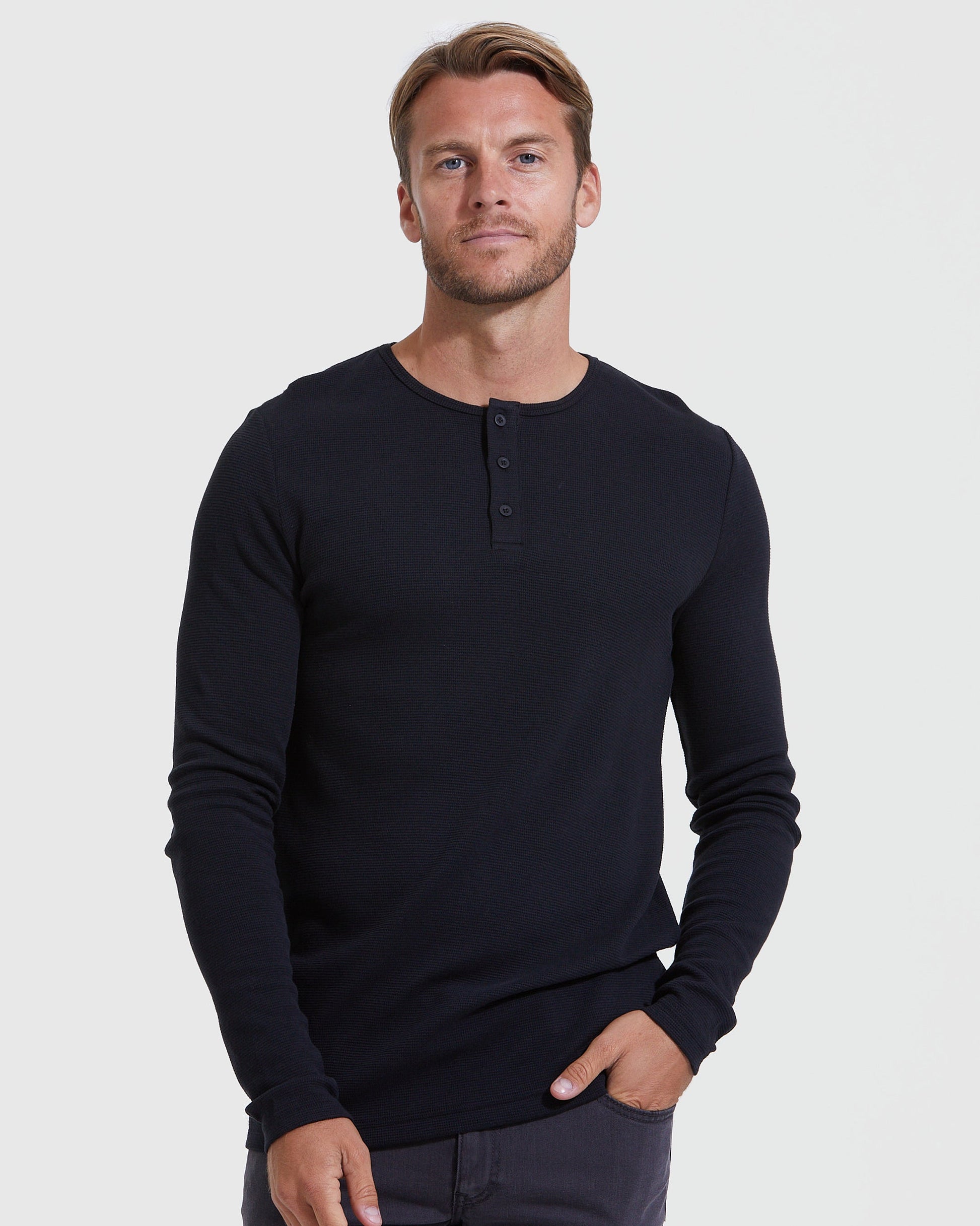 Black Waffle Long Sleeve Henley 3-Pack