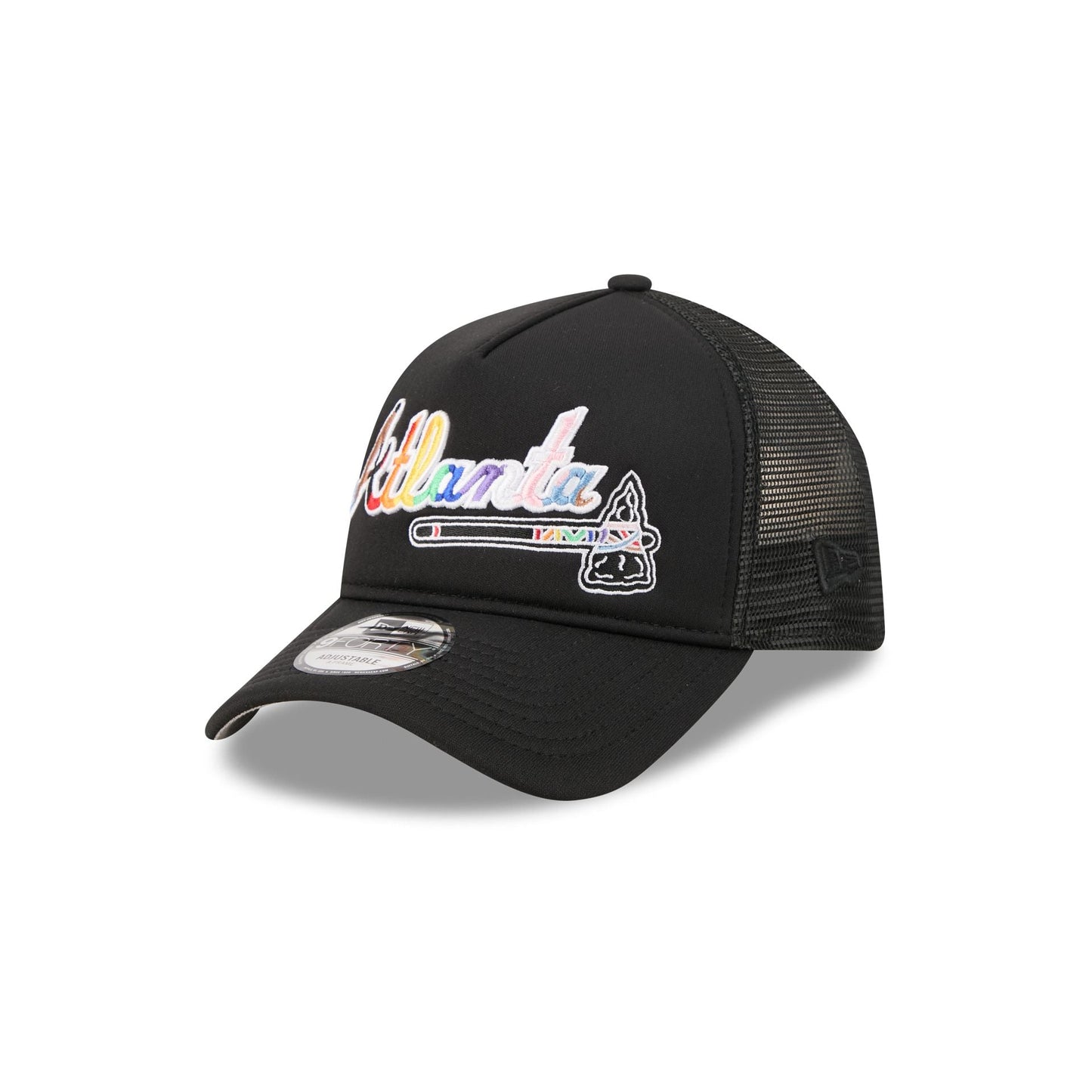 Atlanta Braves Rainbow Wordmark 9FORTY A-Frame Trucker Hat