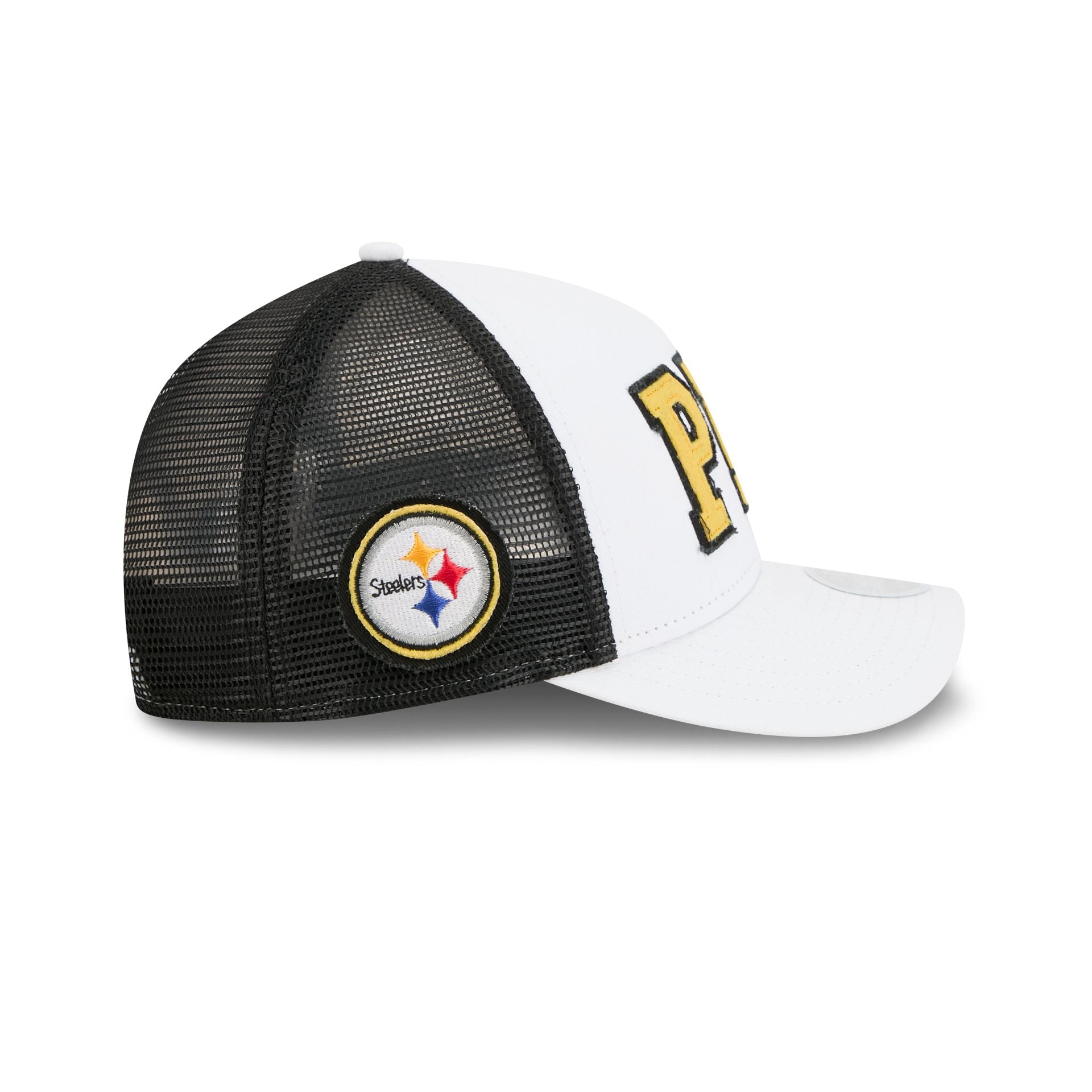 Pittsburgh Steelers Optic White Felt Logo Women's 9FORTY M-Crown A-Frame Trucker Hat