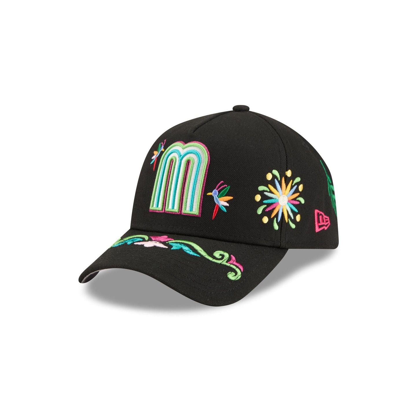 Mexico Latin Embroidery Black 9FORTY A-Frame Snapback Hat