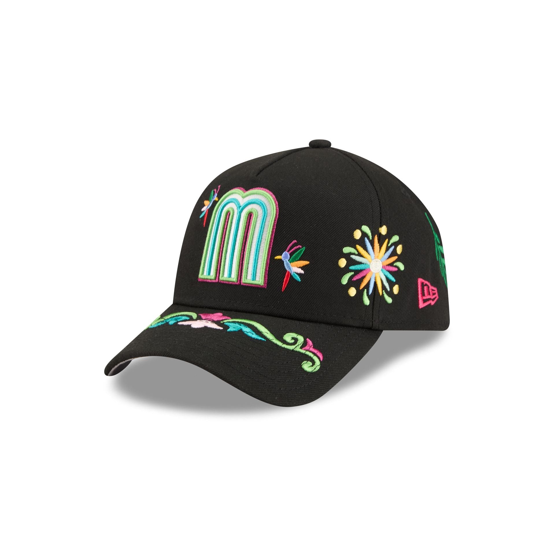 Mexico Latin Embroidery Black 9FORTY A-Frame Snapback Hat