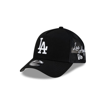 Los Angeles Dodgers Side Script Black 9FORTY A-Frame Trucker Hat