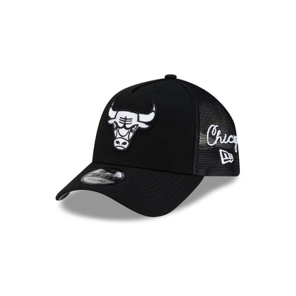 Chicago Bulls Side Script Black 9FORTY A-Frame Trucker Hat