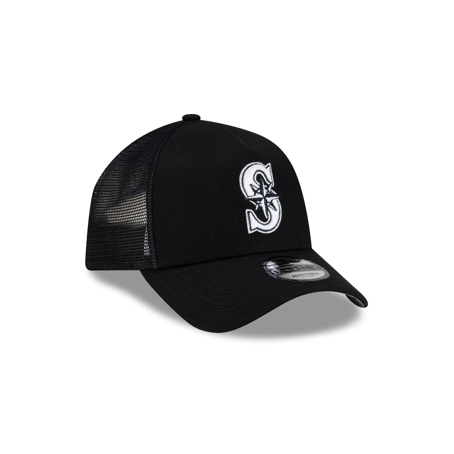 Seattle Mariners Side Script Black 9FORTY A-Frame Trucker Hat
