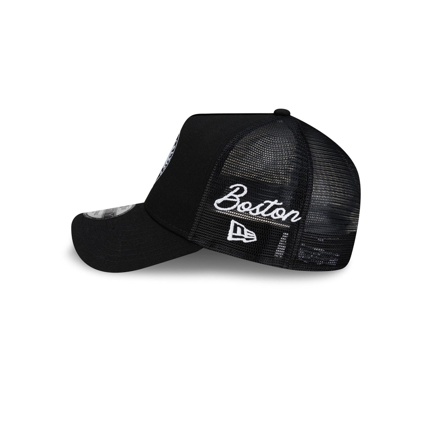 Boston Celtics Side Script Black 9FORTY A-Frame Trucker Hat
