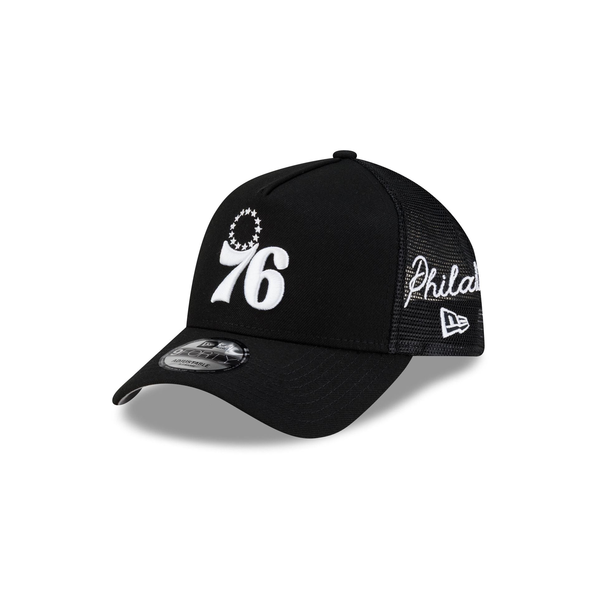 Philadelphia 76ers Side Script Black 9FORTY A-Frame Trucker Hat