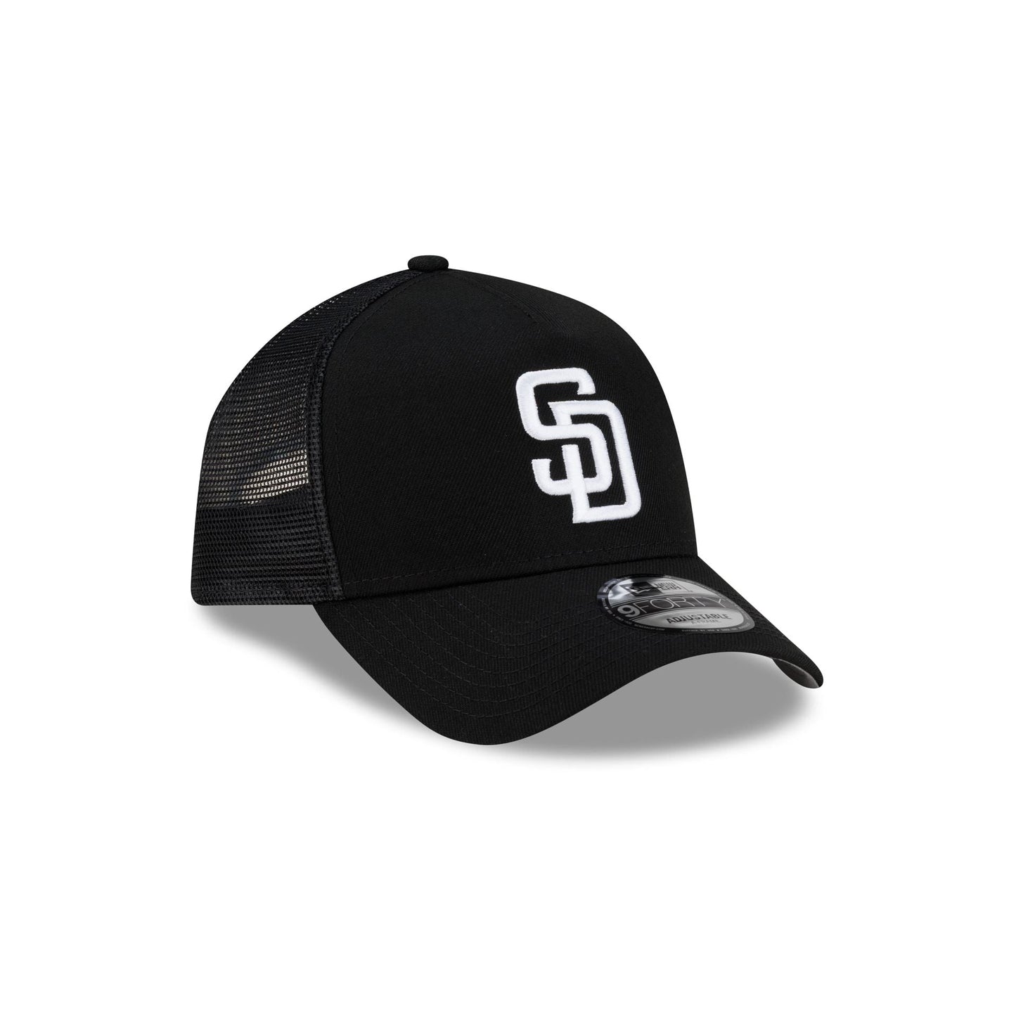 San Diego Padres Side Script Black 9FORTY A-Frame Trucker Hat