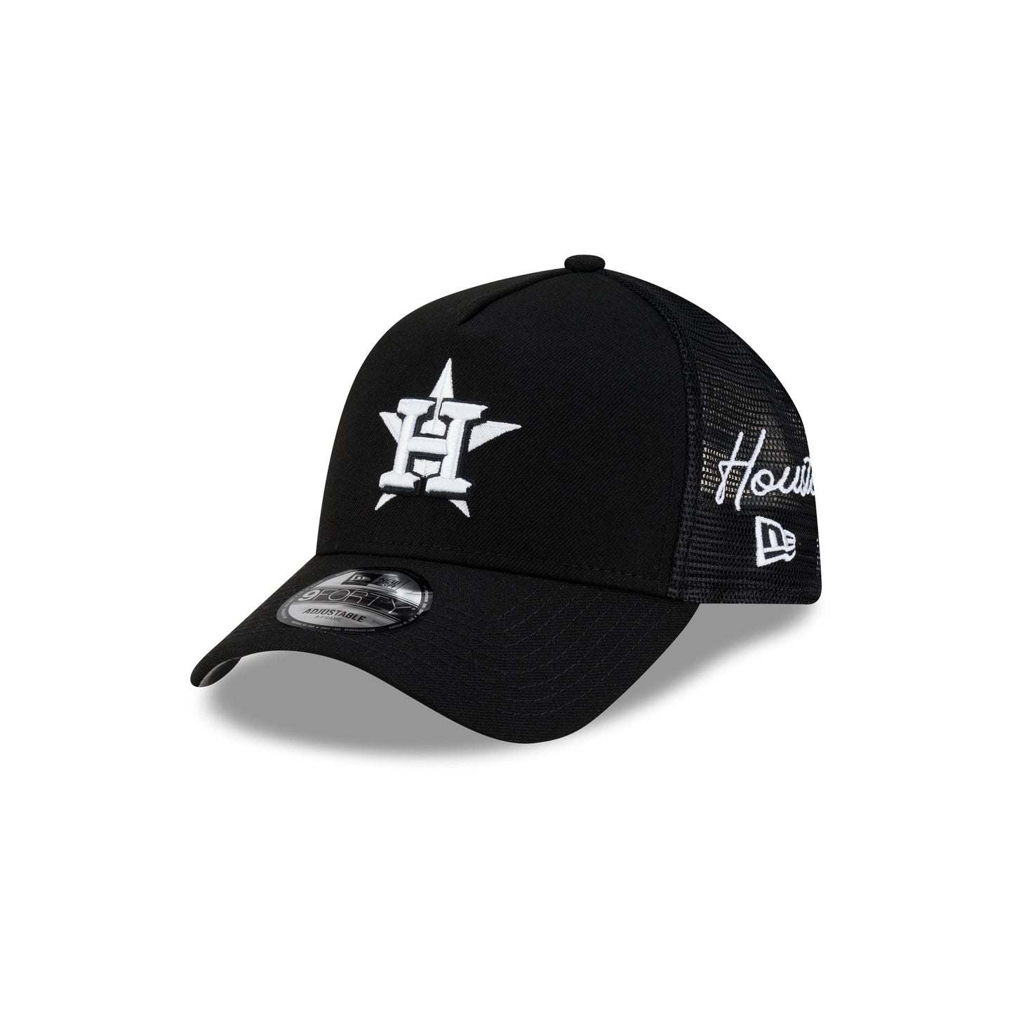Houston Astros Side Script Black 9FORTY A-Frame Trucker Hat