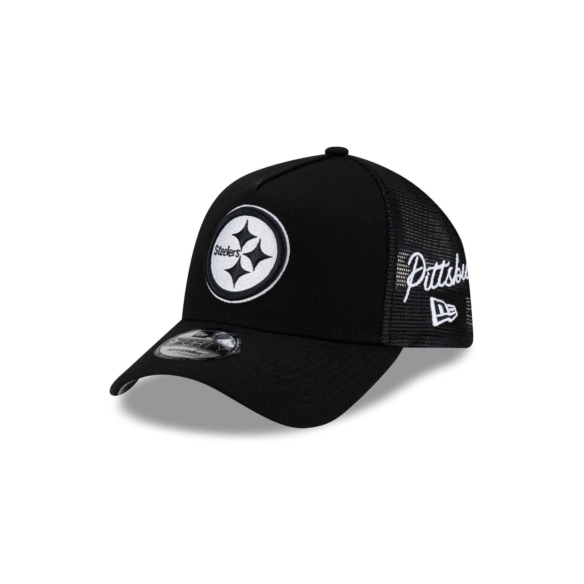 Pittsburgh Steelers Side Script Black 9FORTY A-Frame Trucker Hat