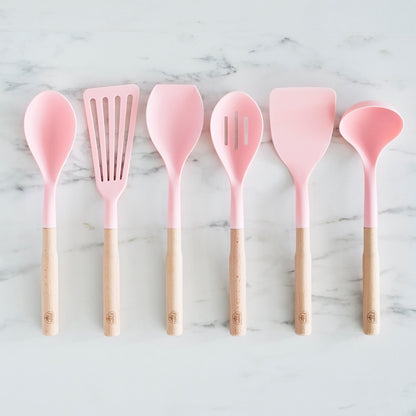 GreenLife Nylon & Wood Cooking Utensils with Ceramic Crock, 7-Piece Set | Pink