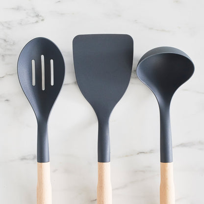 GreenLife Nylon & Wood Cooking Utensils with Ceramic Crock, 7-Piece Set | Charcoal Gray