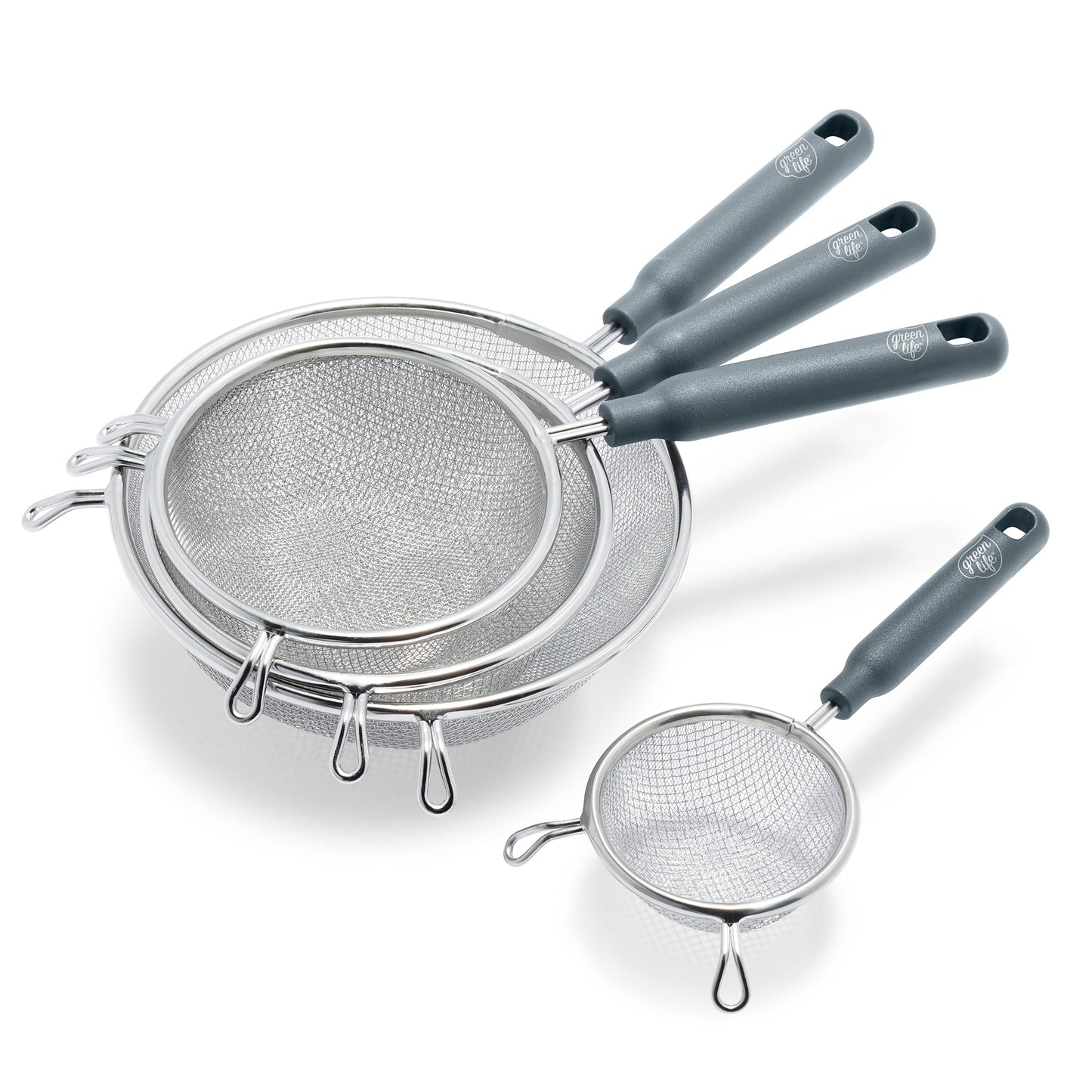 GreenLife Stainless Steel Mesh Strainers, Set of 4 | Gray
