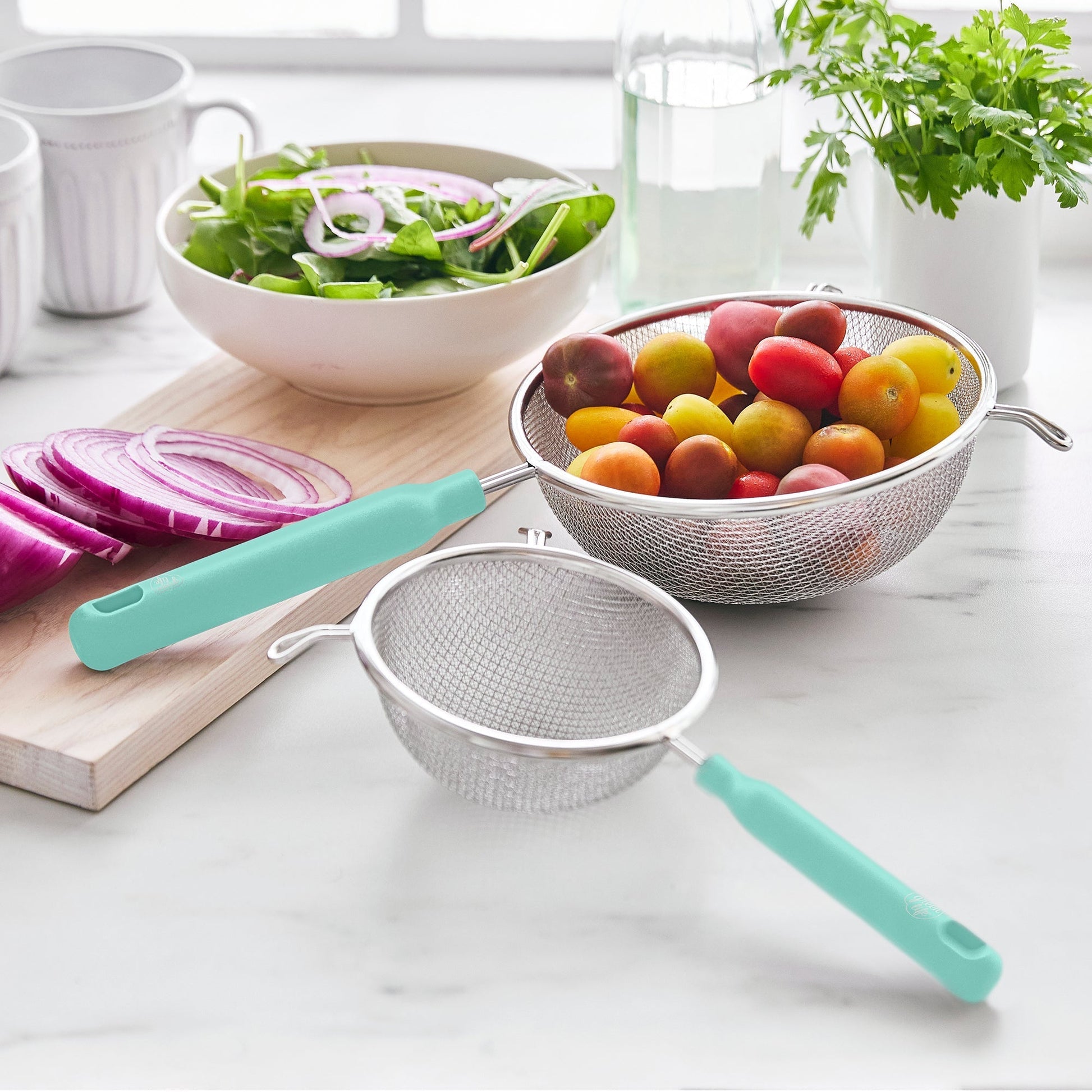 GreenLife Stainless Steel Mesh Strainers, Set of 4 | Turquoise