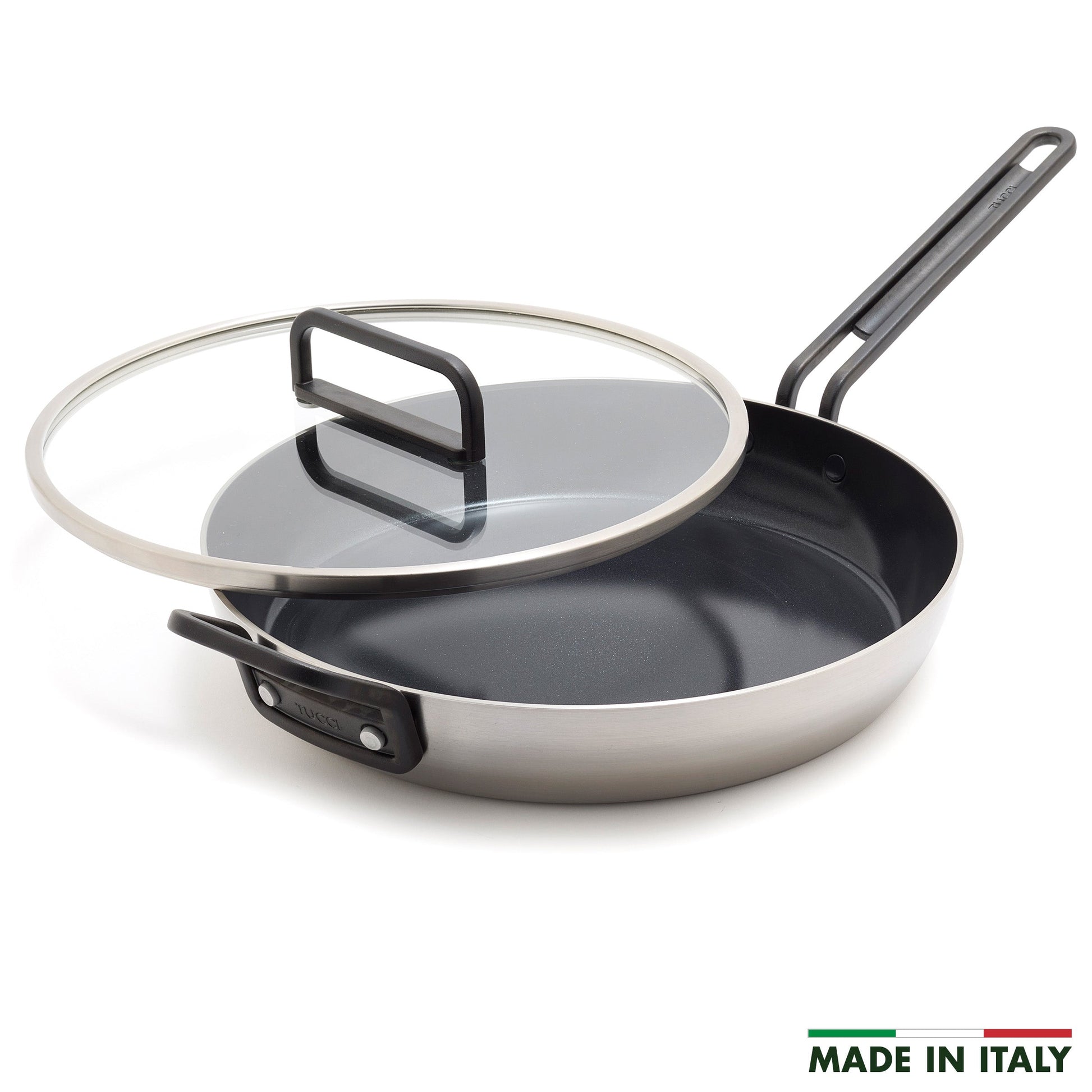 Stanley Tucci™ Stainless Steel Ceramic Nonstick 12" Frypan with Lid | Black Handle