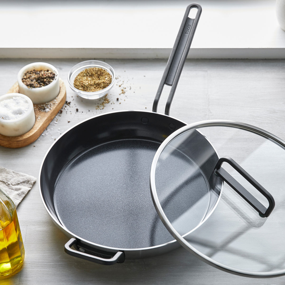 Stanley Tucci™ Stainless Steel Ceramic Nonstick 12" Frypan with Lid | Black Handle