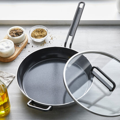 Stanley Tucci™ Stainless Steel Ceramic Nonstick 12" Frypan with Lid | Black Handle