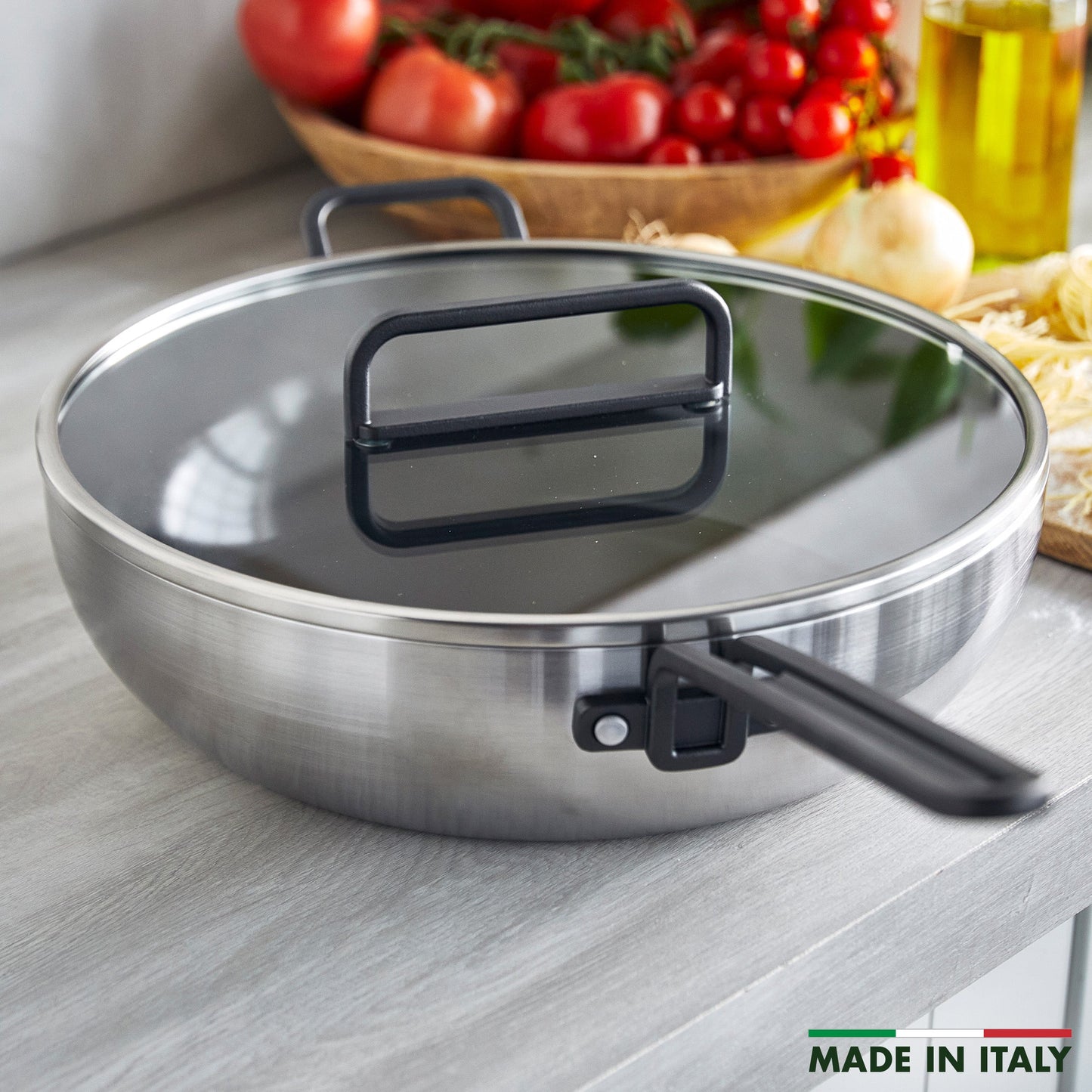 Stanley Tucci™ Stainless Steel Ceramic Nonstick 6.5-Quart Essential Stanley Pan with Lid | Black Handle