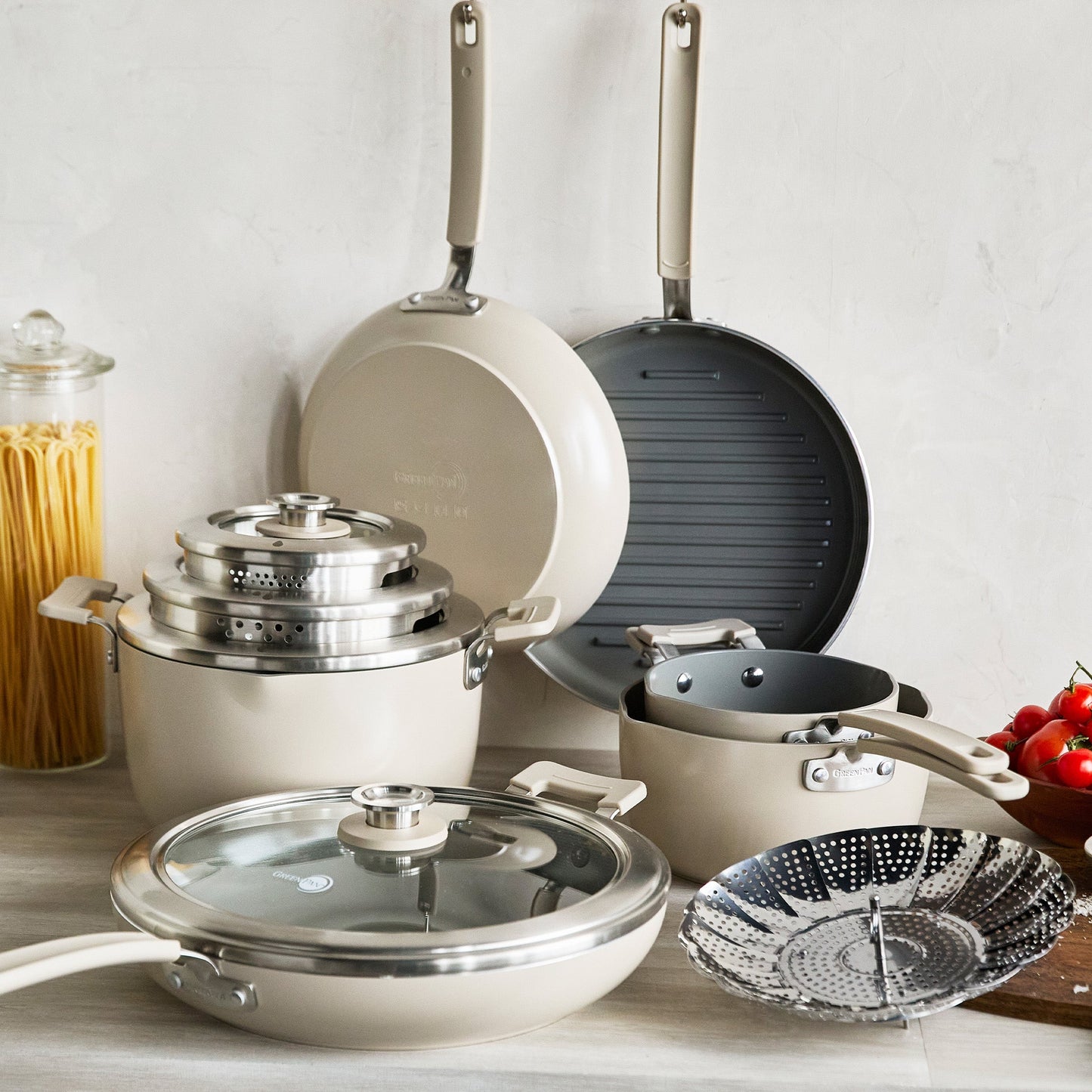 Space Saving Stack Ceramic Nonstick 11-Piece Cookware Set | Taupe