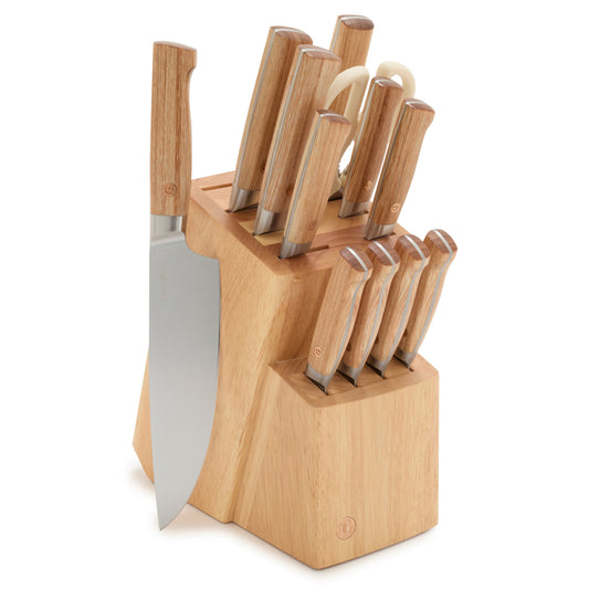Elite Cutlery 13-Piece Knife Block Set with Light-Wood Handles