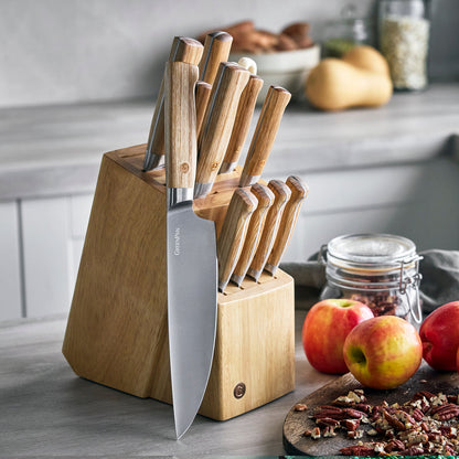 Elite Cutlery 13-Piece Knife Block Set with Light-Wood Handles