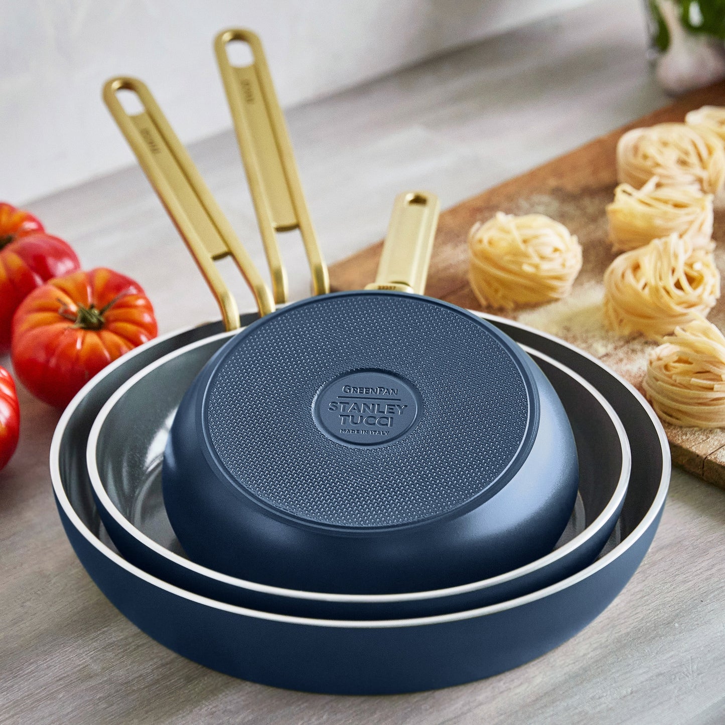 Stanley Tucci™ Ceramic Nonstick 8", 10" and 12" Frypan Set | Marino Blue