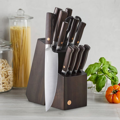 Elite Cutlery 13-Piece Knife Block Set with Dark-Wood Handles
