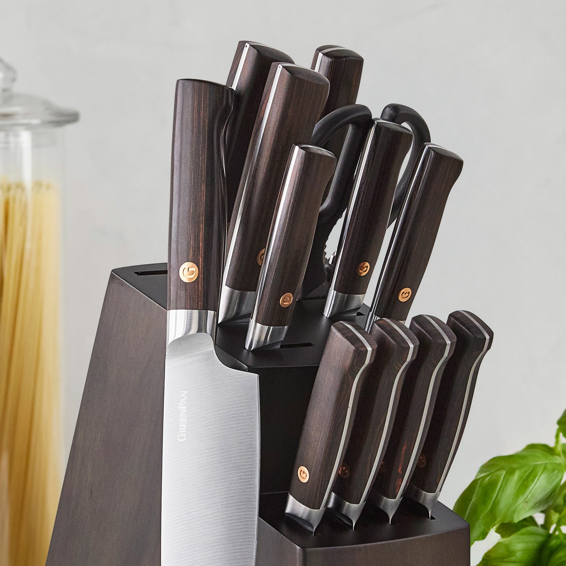 Elite Cutlery 13-Piece Knife Block Set with Dark-Wood Handles