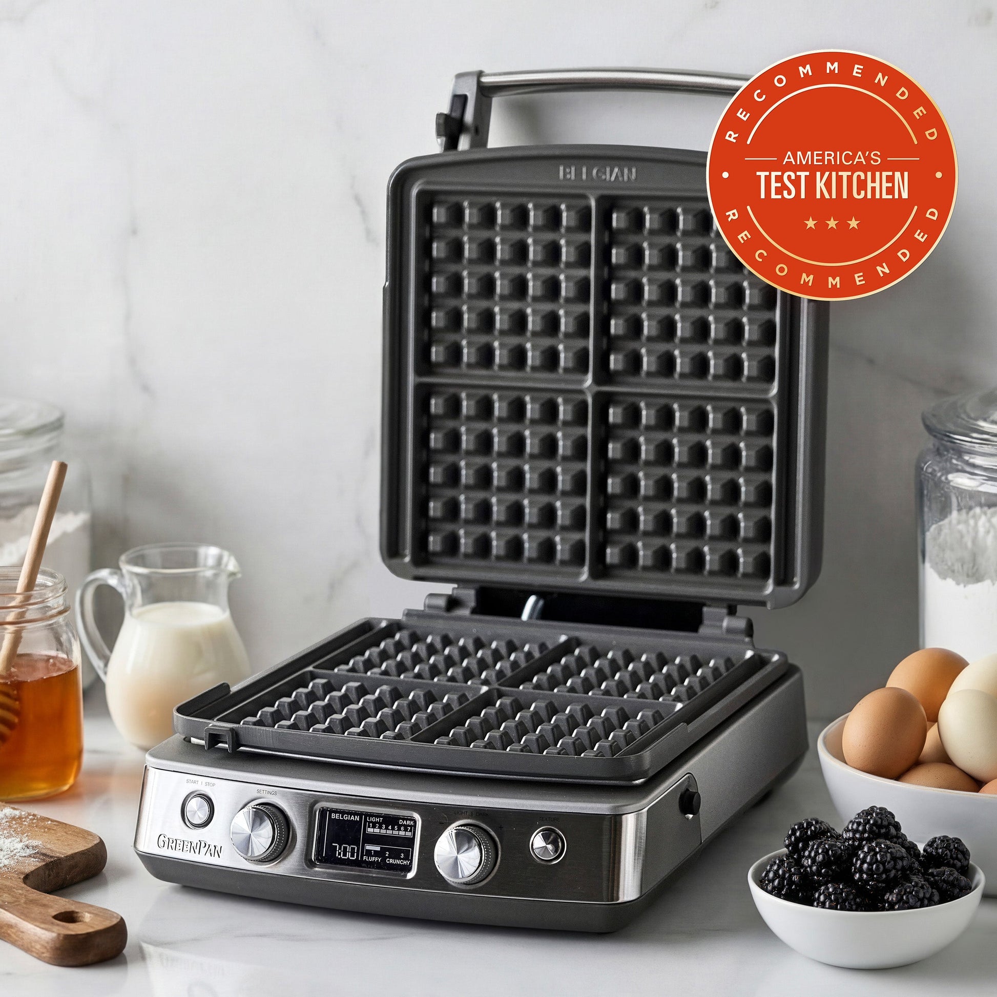 Elite Ceramic Nonstick 4-Square Waffle Maker | Premiere Stainless Steel