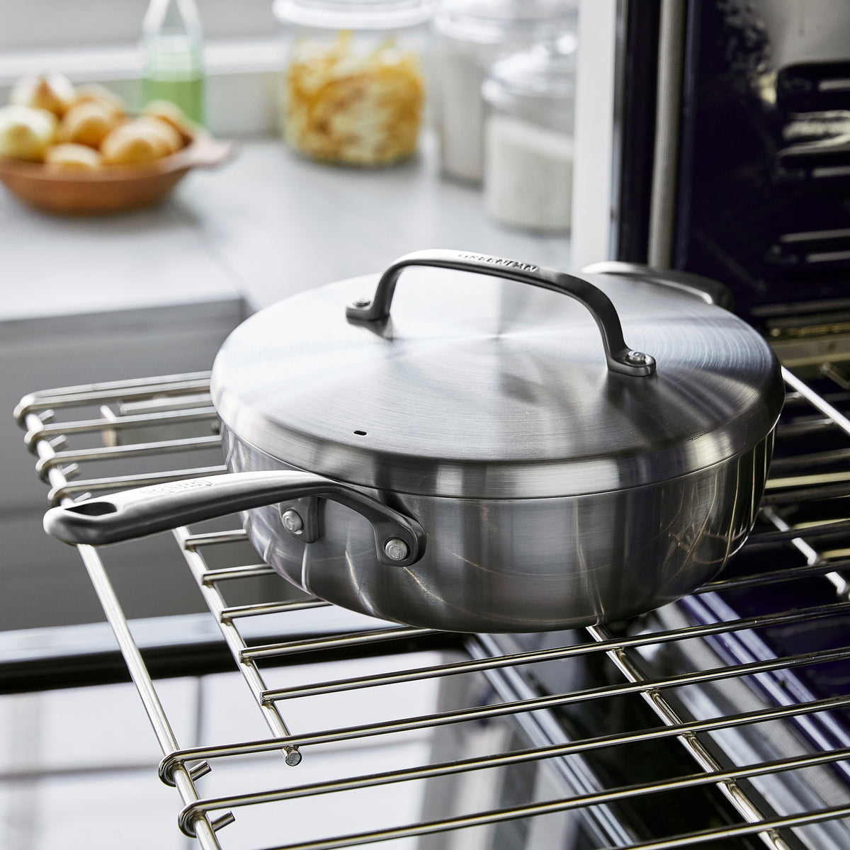 GP5 Stainless Steel 4-Quart Sauté Pan with Lid and Helper Handle | Mirror Handles