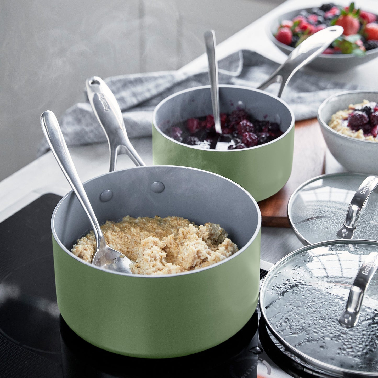 Valencia Pro Ceramic Nonstick 1.5-Quart and 3-Quart Saucepan Set with Lids | Sage