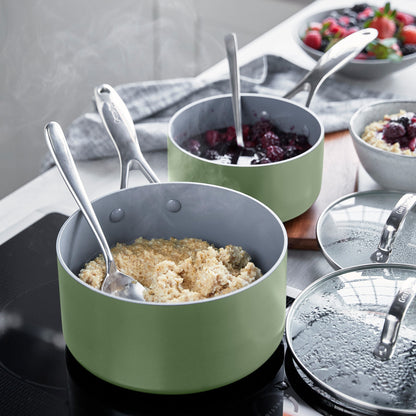 Valencia Pro Ceramic Nonstick 1.5-Quart and 3-Quart Saucepan Set with Lids | Sage