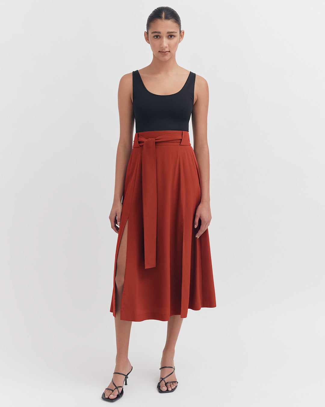 Silk Belted Midi Skirt