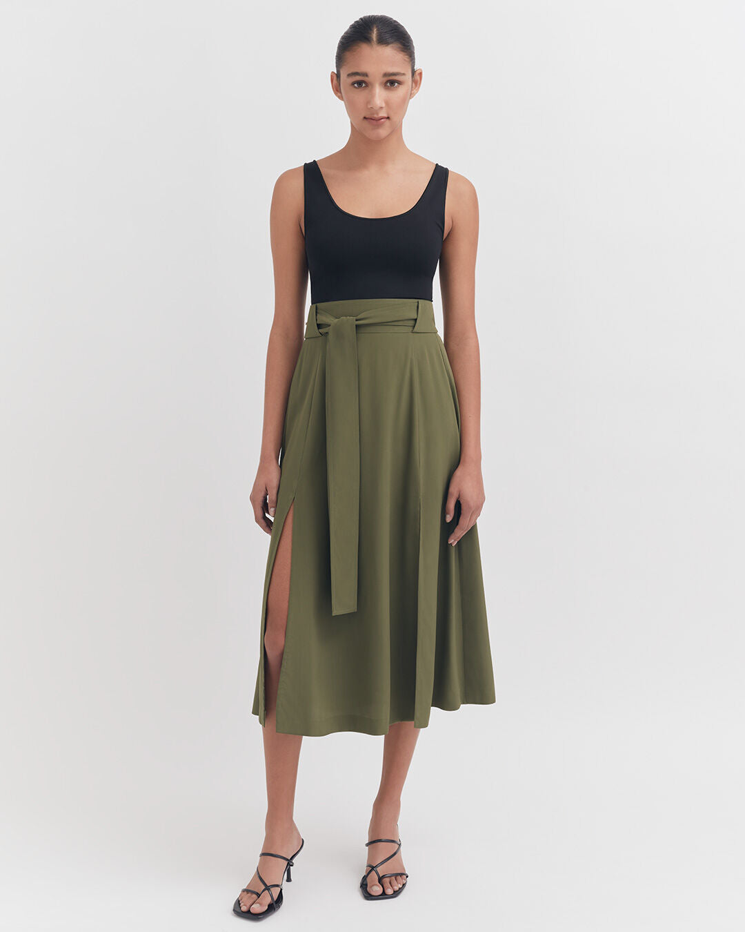 Silk Belted Midi Skirt