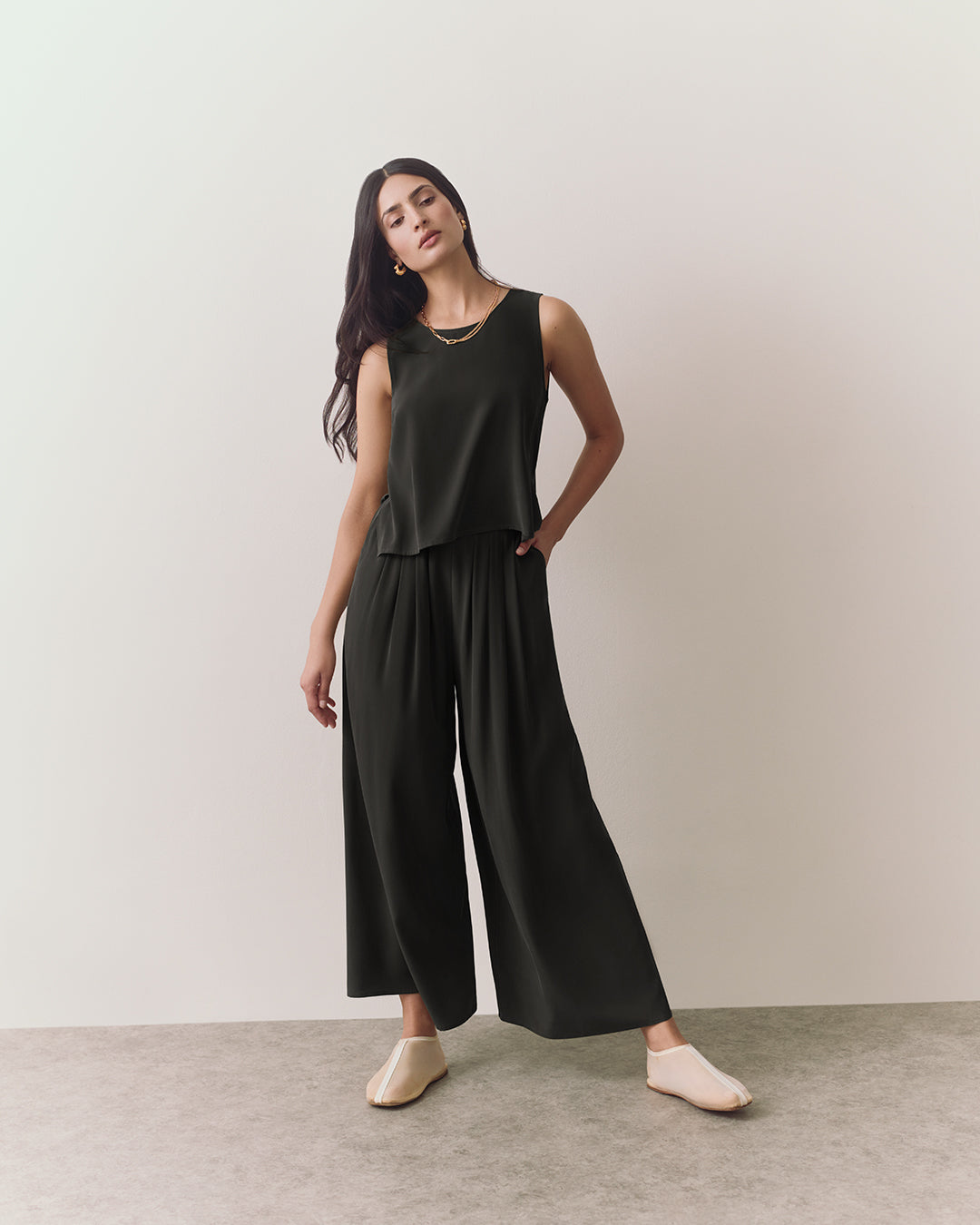 Washable Silk Cropped Pleated Pant