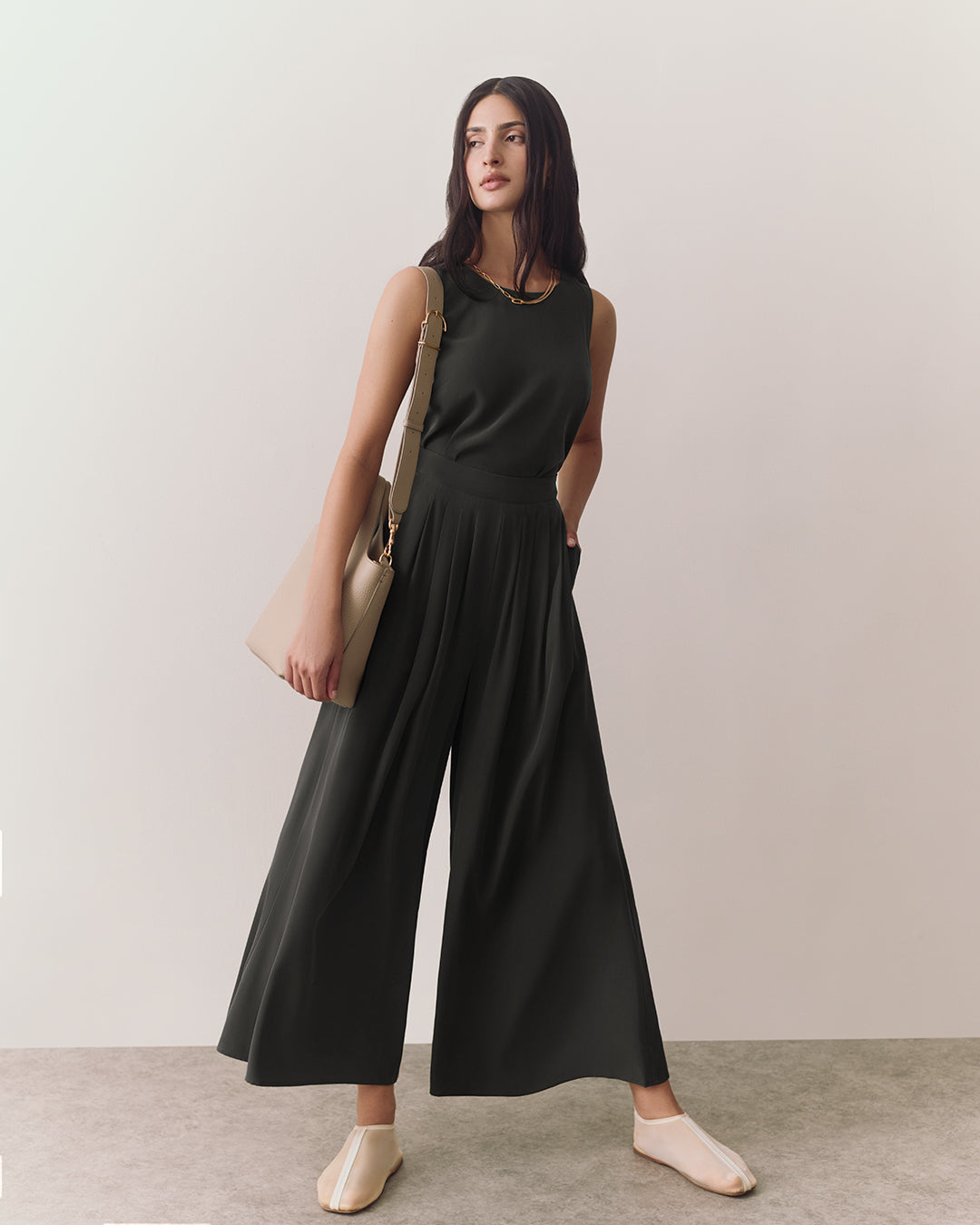 Washable Silk Cropped Pleated Pant