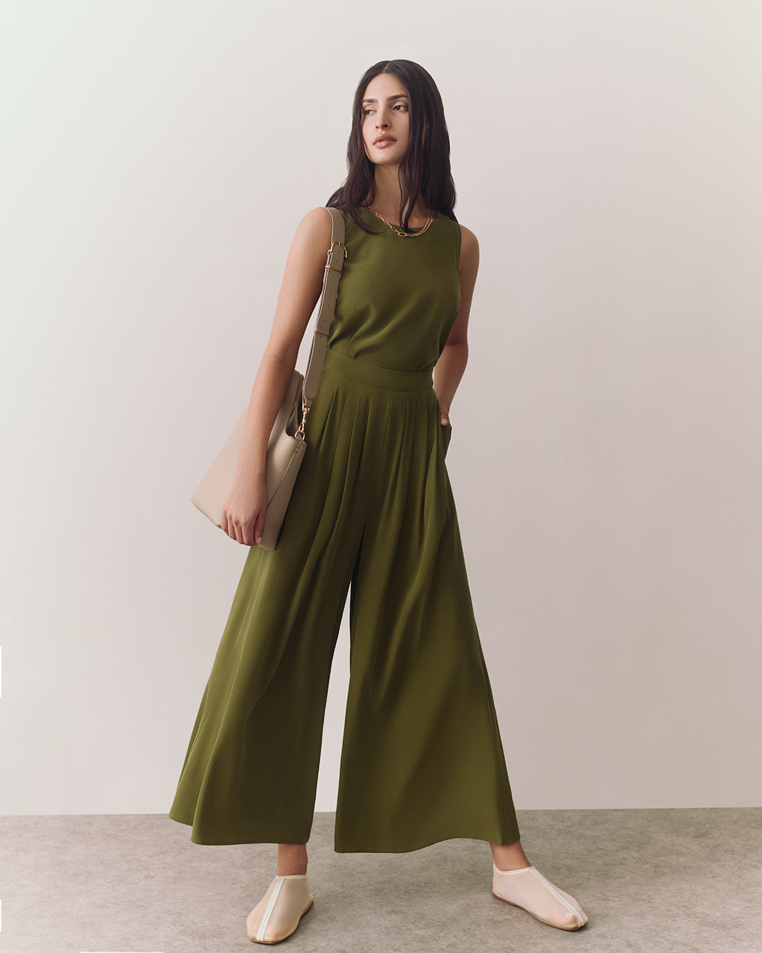 Washable Silk Cropped Pleated Pant