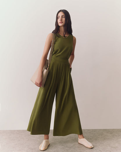 Washable Silk Cropped Pleated Pant