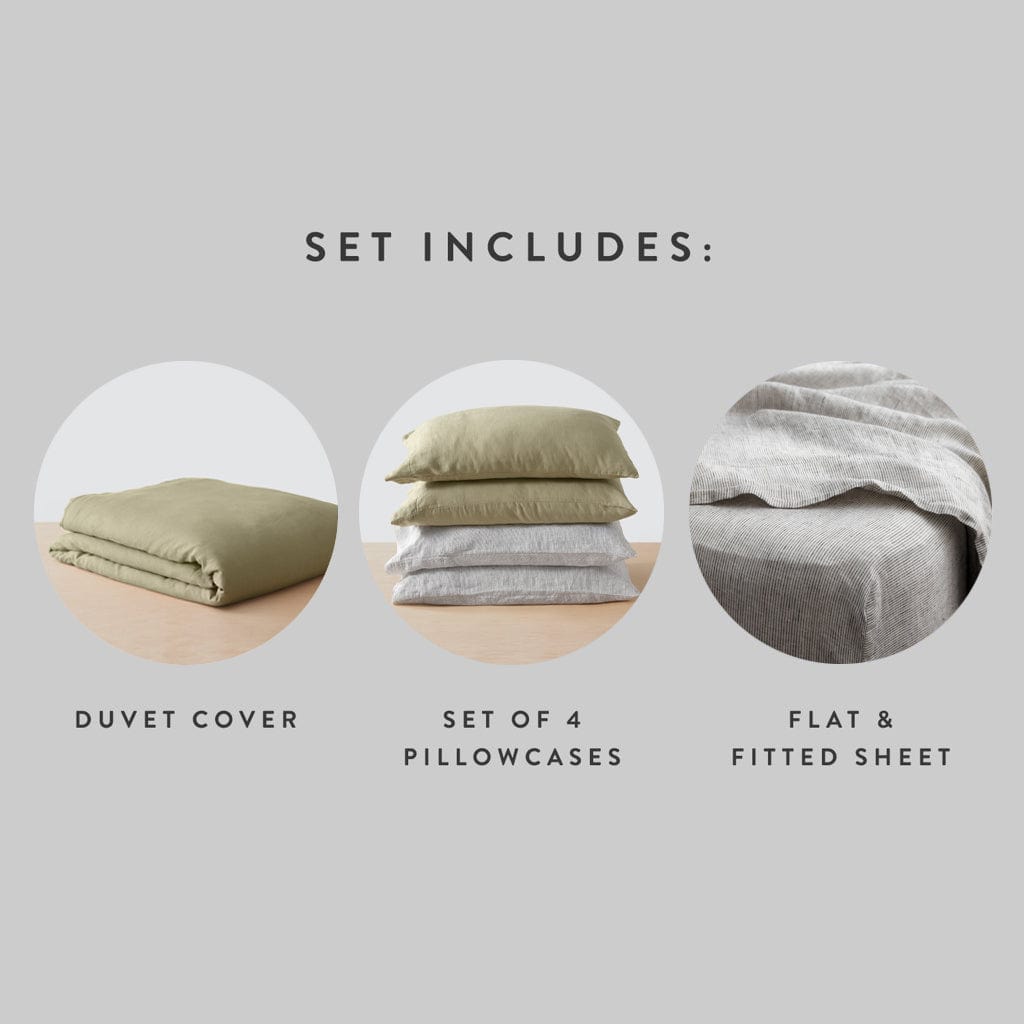 Stonewashed Linen Curated Bed Bundle - Sage/Graphite Stripe