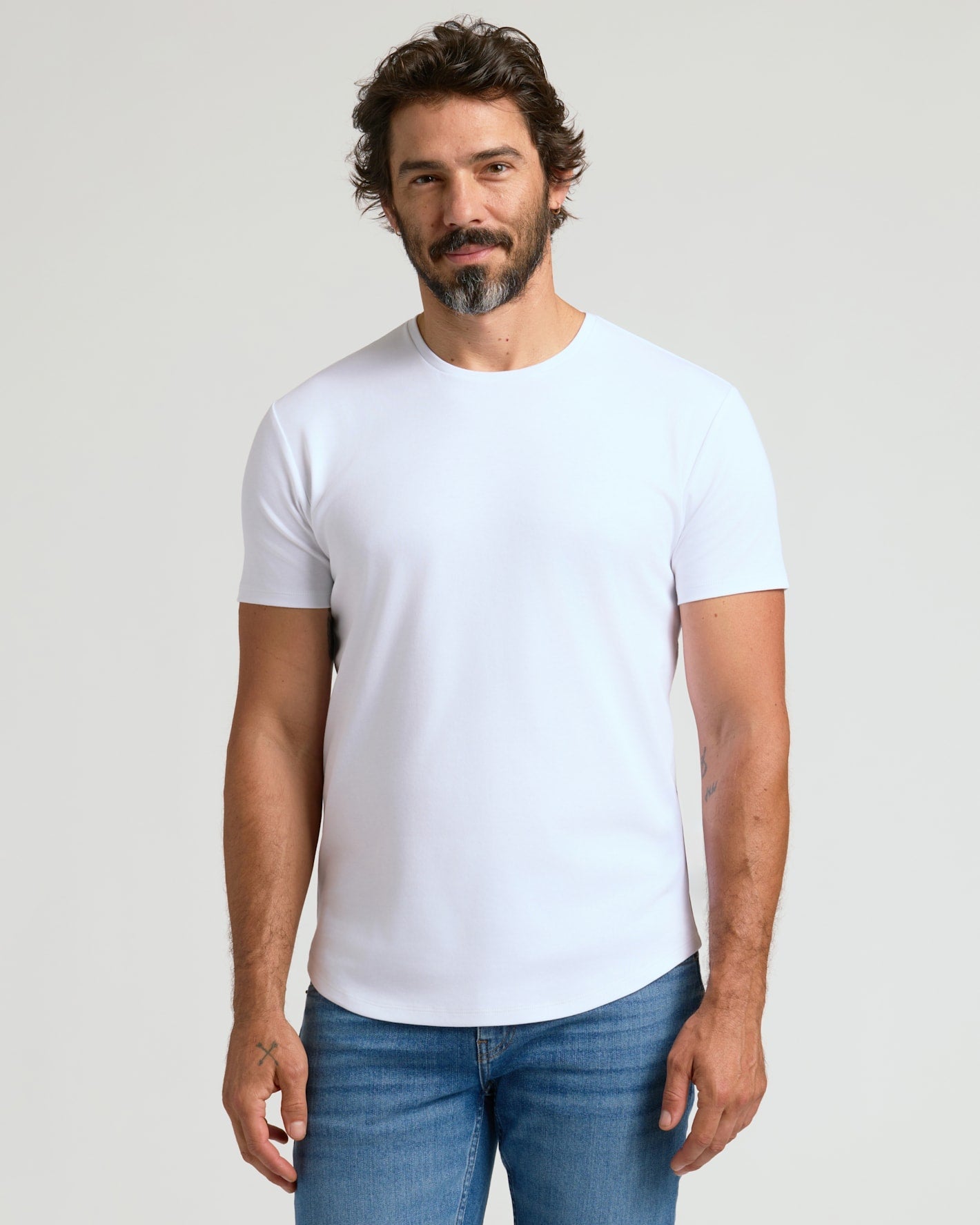 Optic White Pima Cotton Blend Curved Hem Crew