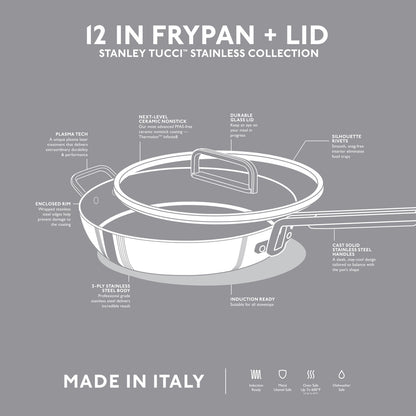 Stanley Tucci™ Stainless Steel Ceramic Nonstick 12" Frypan with Lid | Champagne Handle