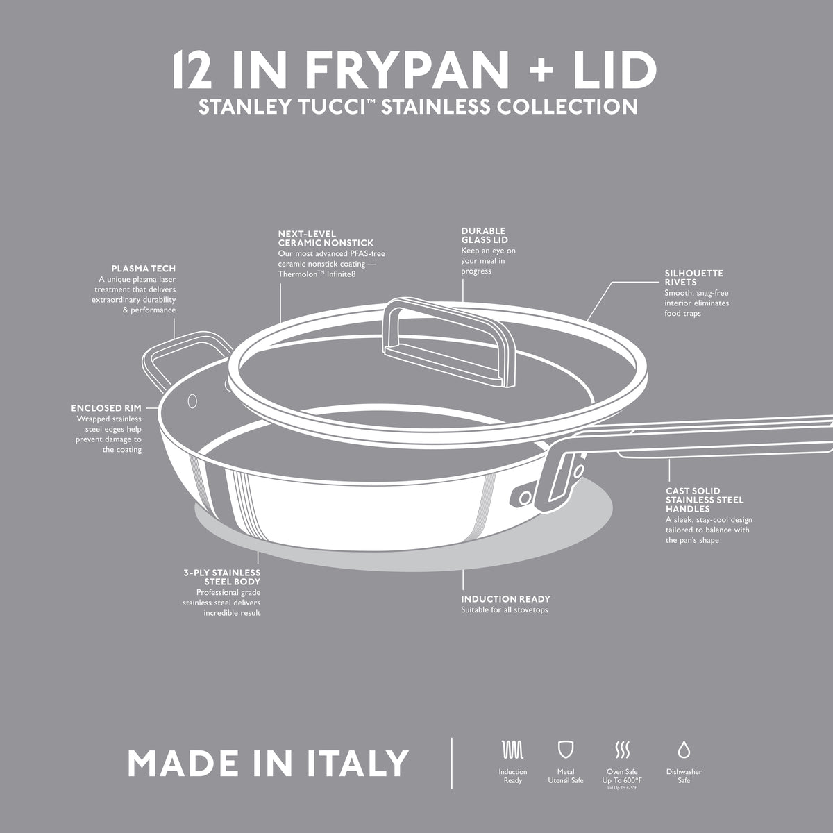 Stanley Tucci™ Stainless Steel Ceramic Nonstick 12" Frypan with Lid | Champagne Handle